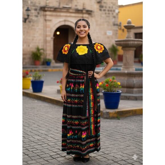 Mexican 3 piece set Blouse Cambaya skirt elastic waist and belt or mini rebozo - Picture 8 of 13